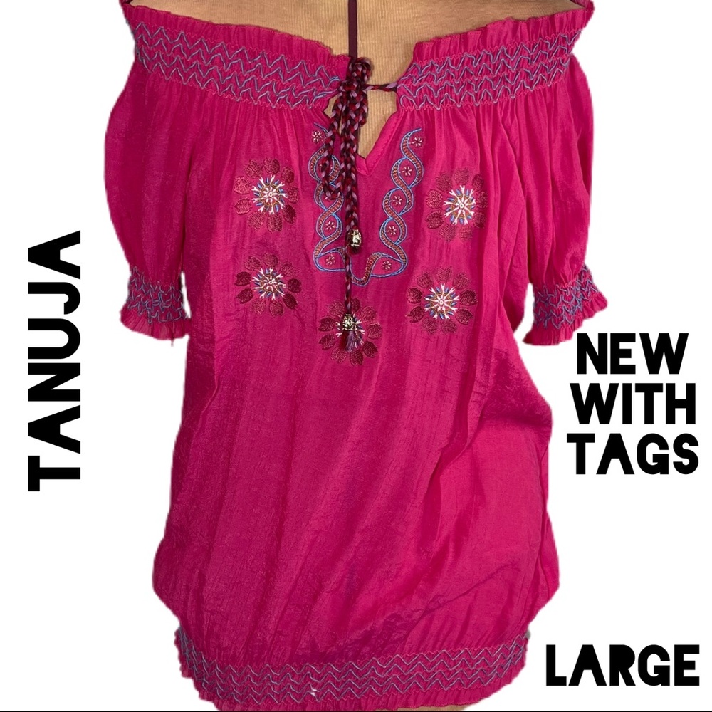NWT Large Tanuja Hot Pink Embroidered Off the Shoulder Blouse Top